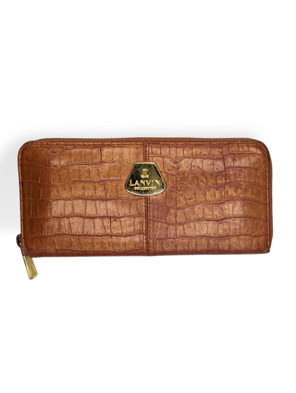 Lanvin Collection Wallet Dark Coral Crocodile Embossed Zip Around Long Accordion